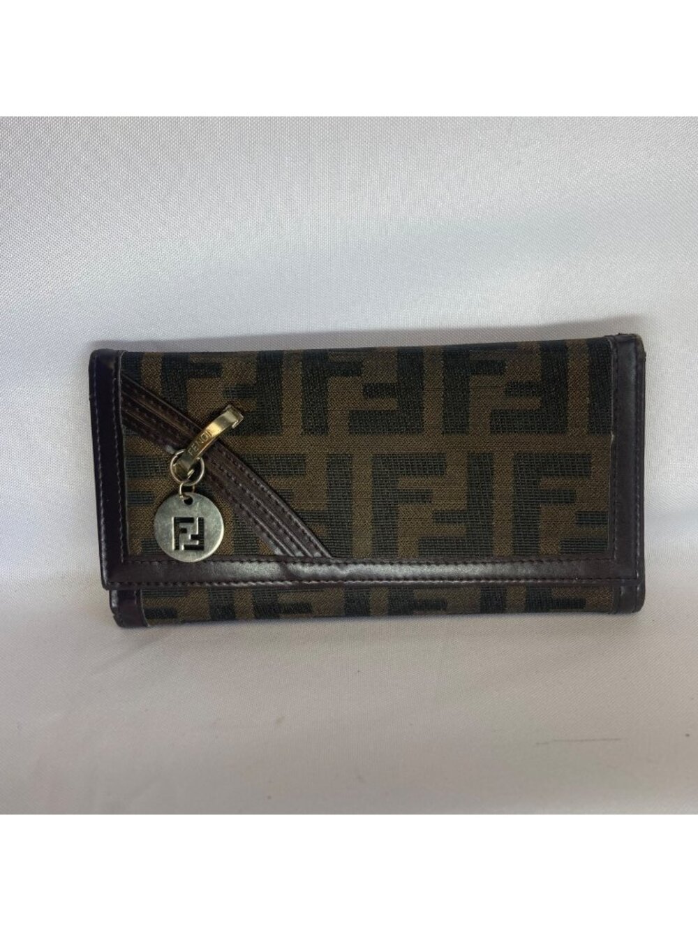 Vintage Fendi FF Monogram Zucchino Continental Wallet Brown Tan with Gold Charm
